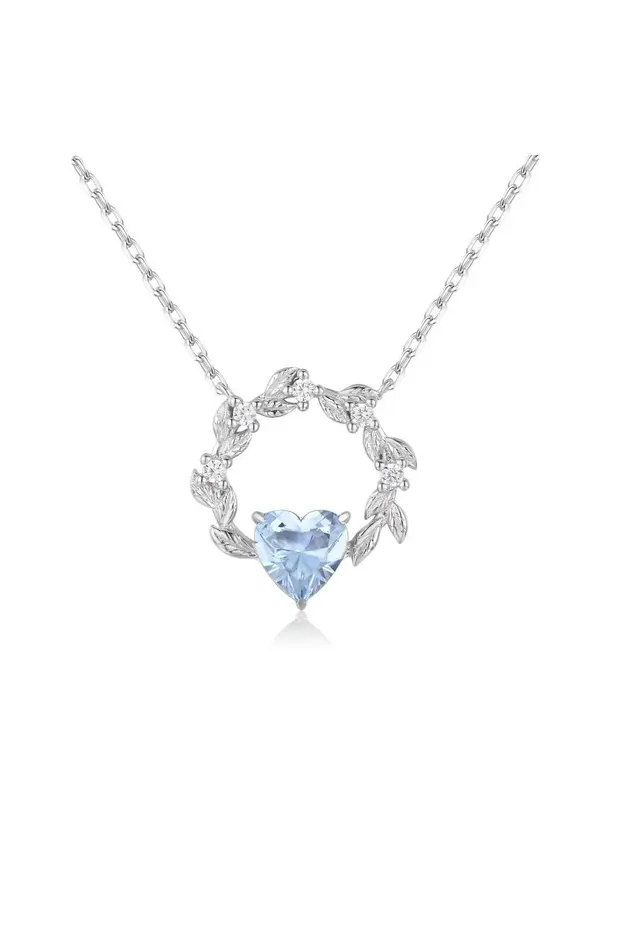 925 Ayar Gümüş Rodyum Kaplama Aqua Kalp Taşlı Vintage Kolye